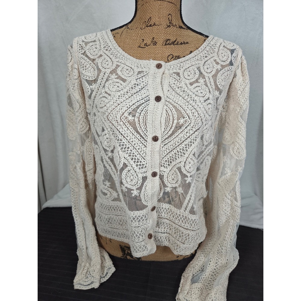 Sheer Lace Cardigan Ultra Pink Women XL Crochet Mesh Floral Layering Button Boho